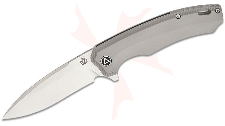 QSP Knives Woodpecker Frame Lock Flipper Knife 3.75 inch M390 Satin Drop Point Blade, Gray Titanium Handles