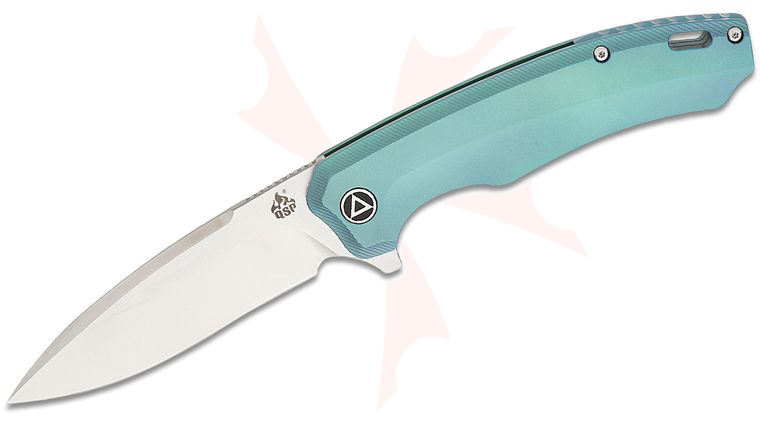 QSP Knives Woodpecker Frame Lock Flipper Knife 3.75 inch M390 Satin Drop Point Blade, Green Titanium Handles
