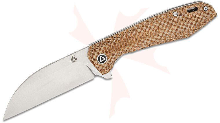 QSP Knives Pelican Flipper Knife 3.63 inch CPM-S35VN Stonewashed Wharncliffe Blade, Brown Textured Micarta Handles