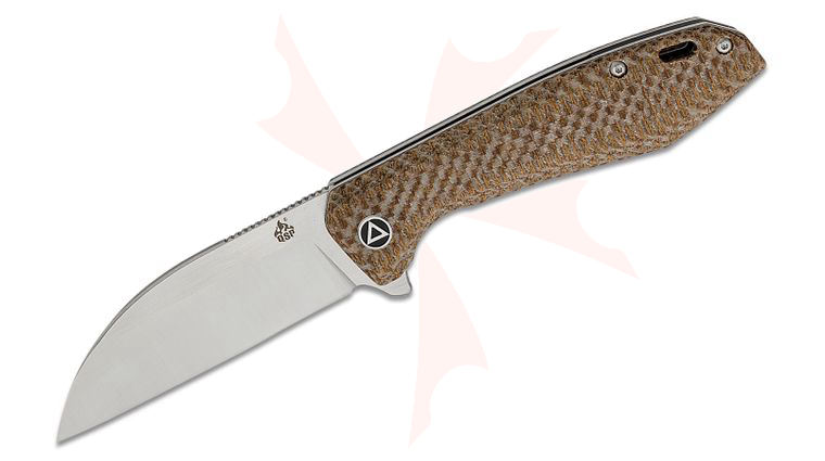 QSP Knives Pelican Flipper Knife 3.63 inch CPM-S35VN Two-Tone Satin Wharncliffe Blade, Brown Textured Micarta Handles