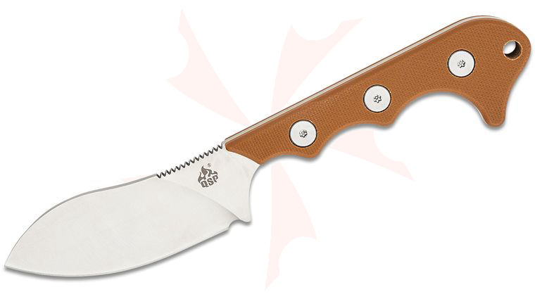 QSP Knives Neckmuk Neck Knife 2.875 inch D2 Satin Sheepsfoot, Brown G10 Handles, Black Kydex Neck Sheath