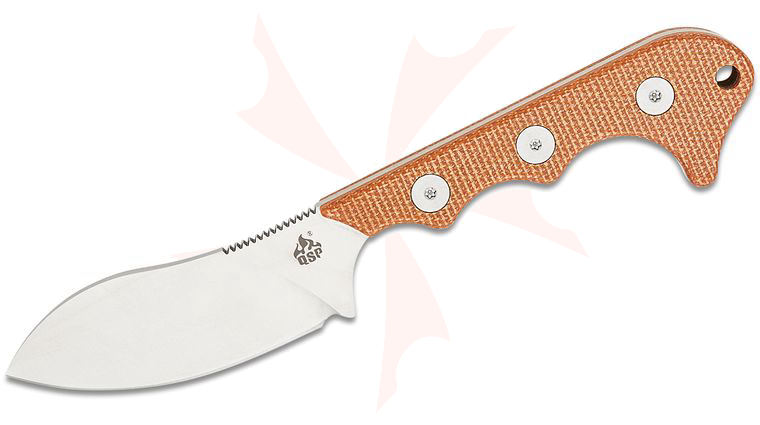 QSP Knives Neckmuk Neck Knife 2.875 inch D2 Satin Sheepsfoot, Brown Micarta Handles, Black Kydex Neck Sheath