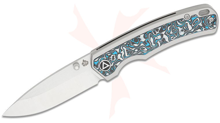 QSP Knives Puffin Folding Knife 3.03 inch S35VN Satin Drop Point Blade, Bead Blasted Titanium Handles with Black-White-Blue Carbon Fiber Inlay