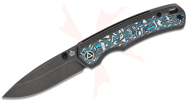 QSP Knives Puffin Folding Knife 3.03 inch S35VN Black Stonewashed Drop Point Blade, Black Stonewashed Titanium Handles with Black-White-Blue Carbon Fiber Inlay