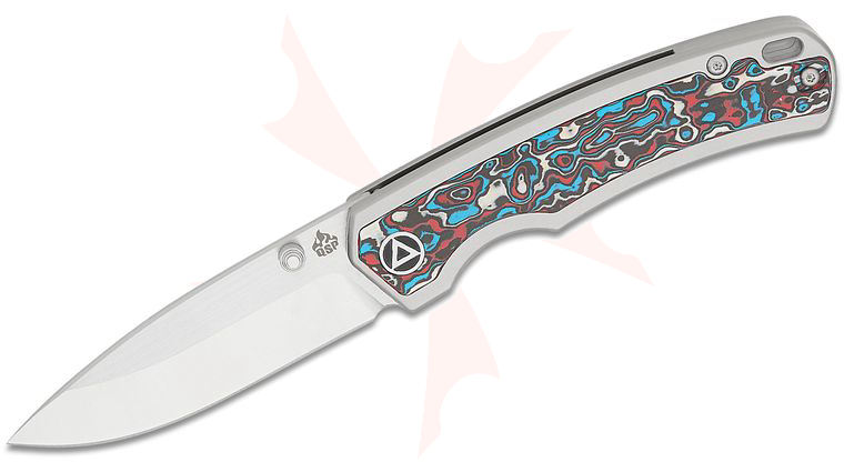 QSP Knives Puffin Folding Knife 3.03 inch S35VN Satin Drop Point Blade, Bead Blasted Titanium Handles with Red-White-Blue Carbon Fiber Inlay
