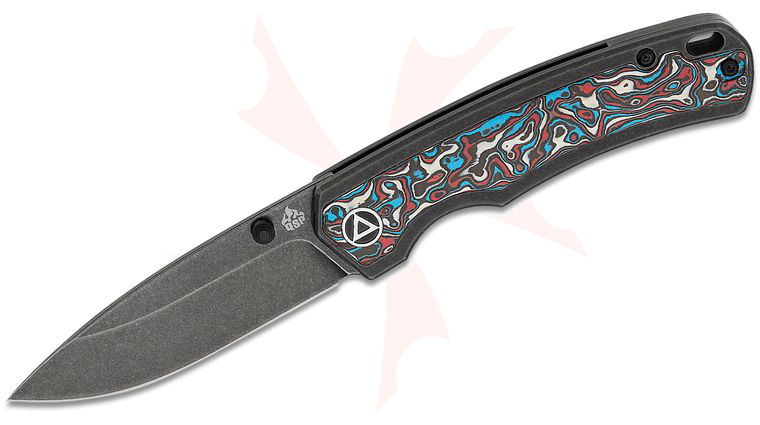 QSP Knives Puffin Folding Knife 3.03 inch S35VN Black Stonewashed Drop Point Blade, Black Stonewashed Titanium Handles with Red-White-Blue Carbon Fiber Inlay