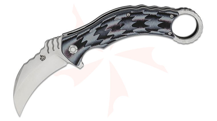 QSP Knives Eagle Karambit Flipper Knife 3.125 inch D2 Satin Hawkbill Blade, Black/Gray G10 Handles