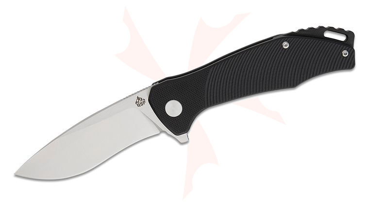 QSP Knives Raven Flipper Knife 3.375 inch D2 Satin Recurve Drop Point Blade, Black G10 Handles