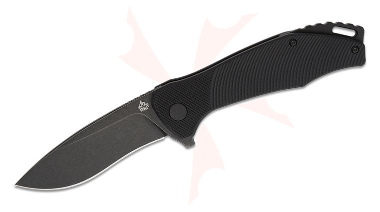 QSP Knives Raven Flipper Knife 3.375 inch D2 Black Stonewashed Recurve Drop Point Blade, Black G10 Handles