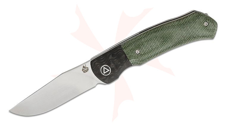 QSP Knives Gannet Front Flipper Knife 3.375 inch 154CM Satin Clip Point Blade, Green Micarta Handles with Carbon Fiber Bolsters