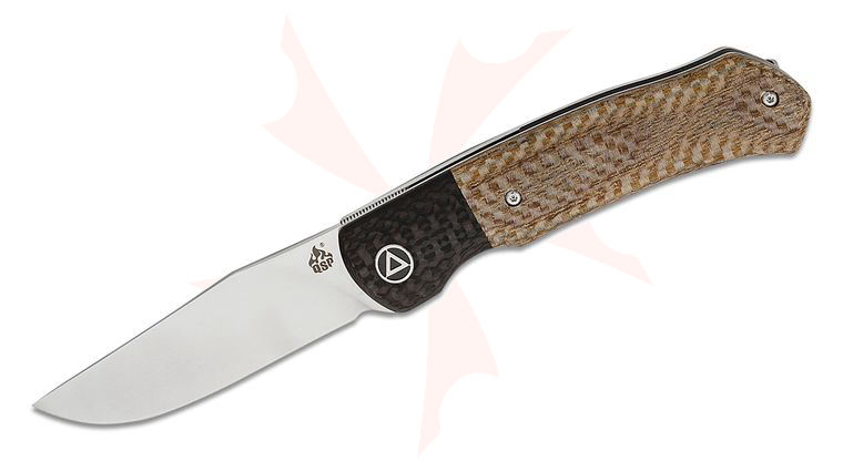 QSP Knives Gannet Front Flipper Knife 3.375 inch 154CM Satin Clip Point Blade, Brown Micarta Handles with Carbon Fiber Bolsters