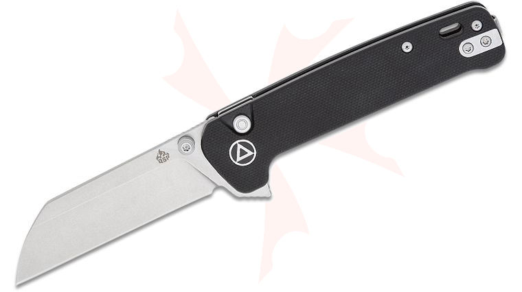 QSP Knives Penguin Button Lock Flipper Knife 3.06 inch 14C28N Stonewashed Sheepsfoot Blade, Black G10 Handles