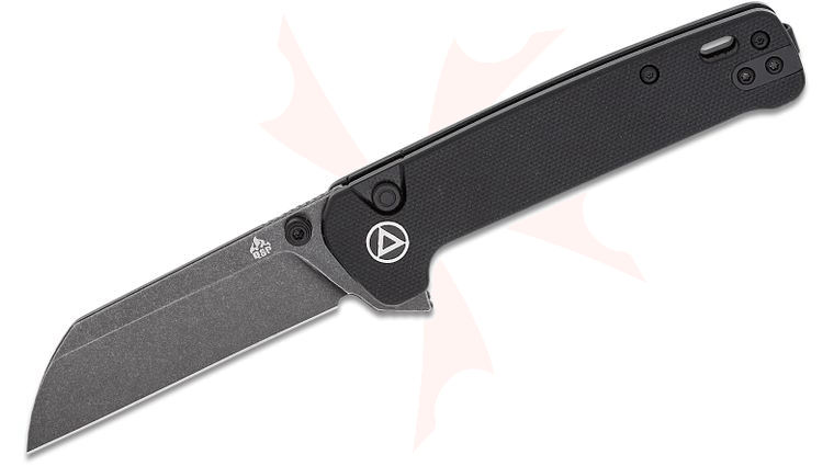 QSP Knives Penguin Button Lock Flipper Knife 3.06 inch 14C28N Black Stonewashed Sheepsfoot Blade, Black G10 Handles