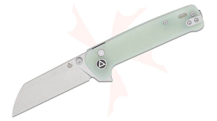 QSP Knives Penguin Button Lock Flipper Knife 3.06 inch 14C28N Stonewashed Sheepsfoot Blade, Natural (Jade) G10 Handles