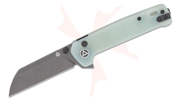 QSP Knives Penguin Button Lock Flipper Knife 3.06 inch 14C28N Black Stonewashed Sheepsfoot Blade, Natural (Jade) G10 Handles