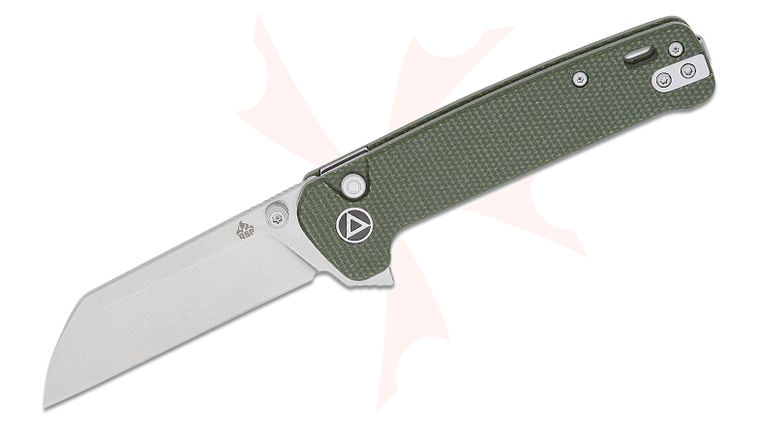 QSP Knives Penguin Button Lock Flipper Knife 3.06 inch 14C28N Stonewashed Sheepsfoot Blade, Green Micarta Handles