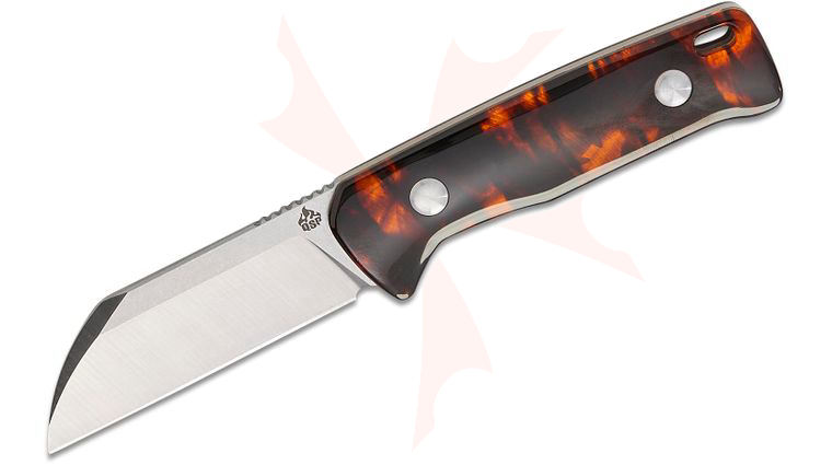 QSP Knives Baby Penguin Fixed Blade Knife 2.53 inch 14C28N Two-Tone Satin Sheepsfoot Blade, Tortoise Resin Handles, Leather Sheath