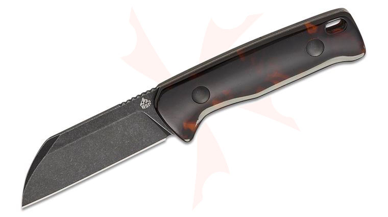 QSP Knives Baby Penguin Fixed Blade Knife 2.53 inch 14C28N Black Stonewashed Sheepsfoot Blade, Tortoise Resin Handles, Leather Sheath