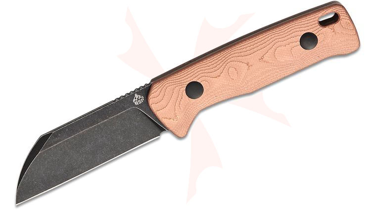 QSP Knives Baby Penguin Fixed Blade Knife 2.53 inch 14C28N Black Stonewashed Sheepsfoot Blade, Copper Foil G10 Handles, Leather Sheath
