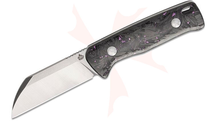 QSP Knives Baby Penguin Fixed Blade Knife 2.53 inch 14C28N Two-Tone Satin Sheepsfoot Blade, Purple Shredded Carbon Fiber Handles, Leather Sheath