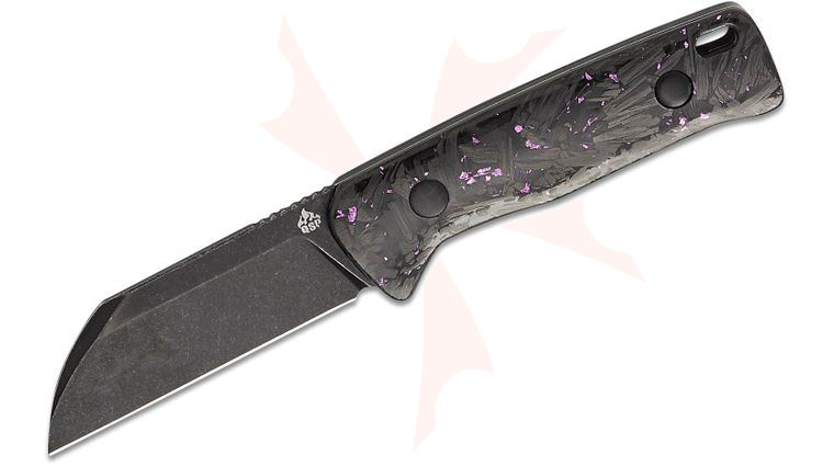 QSP Knives Baby Penguin Fixed Blade Knife 2.53 inch 14C28N Black Stonewashed Sheepsfoot Blade, Purple Shredded Carbon Fiber Handles, Leather Sheath
