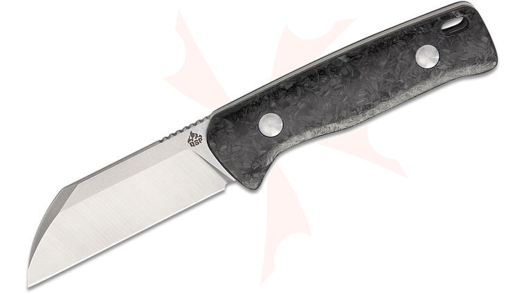 QSP Knives Baby Penguin Fixed Blade Knife 2.53 inch 14C28N Two-Tone Satin Sheepsfoot Blade, Blue Glow-in-the-Dark Shredded Carbon Fiber Handles, Leather Sheath