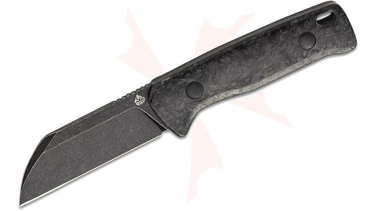 QSP Knives Baby Penguin Fixed Blade Knife 2.53 inch 14C28N Black Stonewashed Sheepsfoot Blade, Blue Glow-in-the-Dark Shredded Carbon Fiber Handles, Leather Sheath