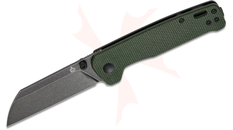 QSP Knives Penguin V2 Folding Knife 3.06 inch D2 Black Stonewashed Sheepsfoot Blade, Green Micarta Handles