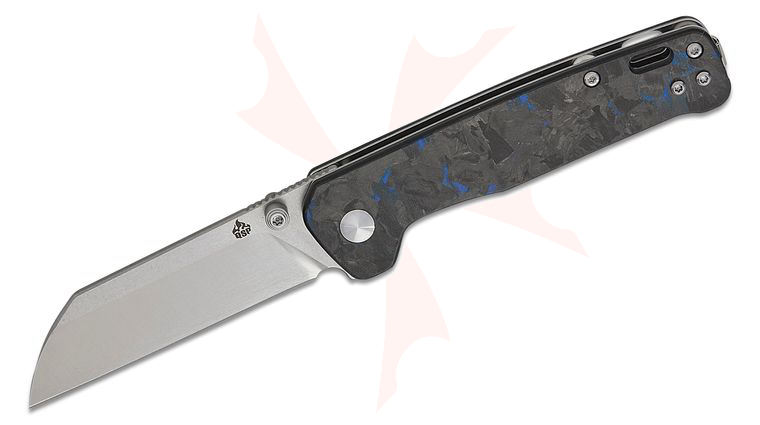 QSP Knives Penguin V2 Folding Knife 3.06 inch D2 Two-Tone Sheepsfoot Blade, Black G10 Handles with Blue Shredded Carbon Fiber Overlay