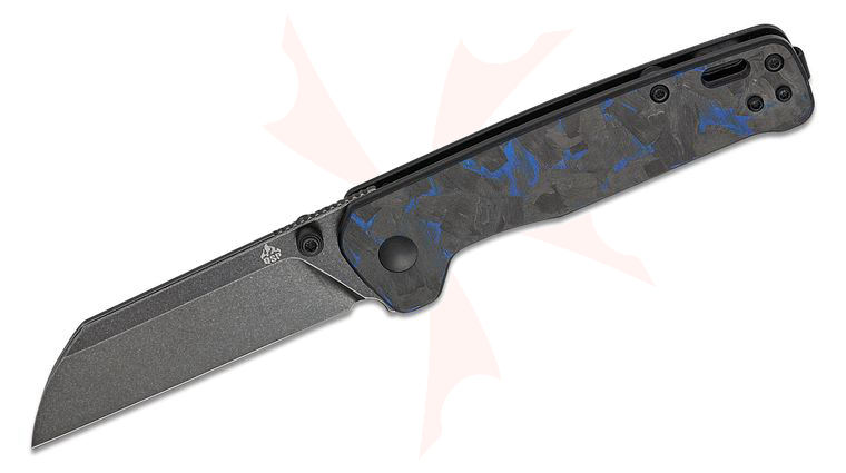 QSP Knives Penguin V2 Folding Knife 3.06 inch D2 Black Stonewashed Sheepsfoot Blade, Black G10 Handles with Blue Shredded Carbon Fiber Overlay