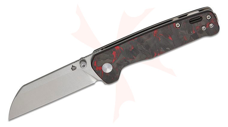 QSP Knives Penguin V2 Folding Knife 3.06 inch D2 Two-Tone Sheepsfoot Blade, Black G10 Handles with Red Shredded Carbon Fiber Overlay
