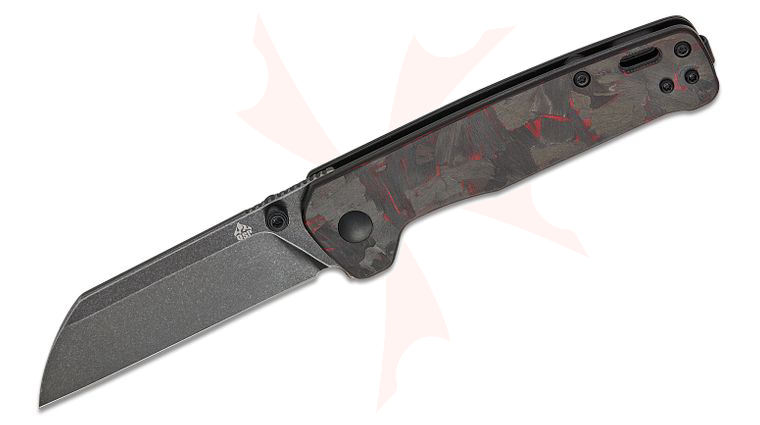 QSP Knives Penguin V2 Folding Knife 3.06 inch D2 Black Stonewashed Sheepsfoot Blade, Black G10 Handles with Red Shredded Carbon Fiber Overlay