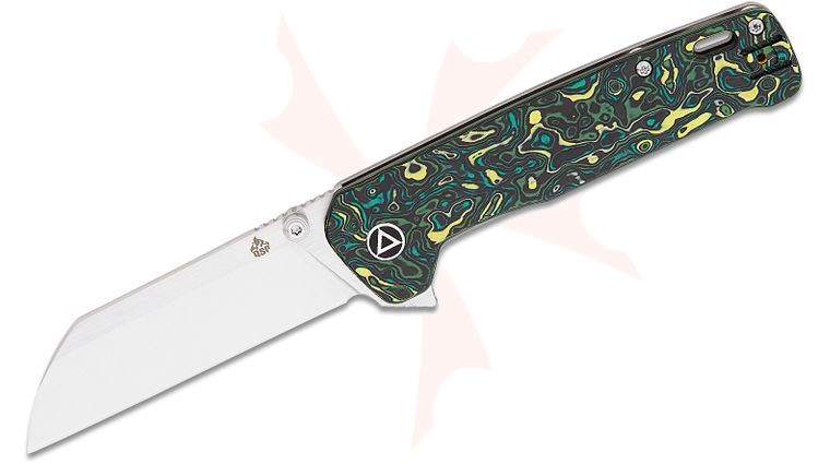 QSP Knives Penguin Plus Frame Lock Flipper Knife 3.375 inch CPM-20CV Satin Sheepsfoot Blade, Toxic Storm FatCarbon and Bead Blasted Titanium Handles