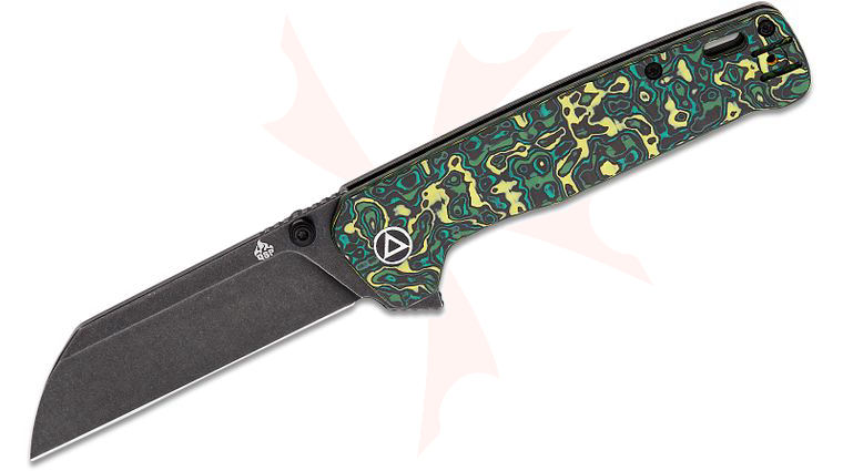 QSP Knives Penguin Plus Frame Lock Flipper Knife 3.375 inch CPM-20CV Black Stonewashed Sheepsfoot Blade, Toxic Storm FatCarbon and Black Titanium Handles