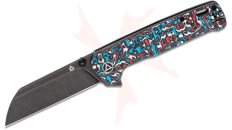 QSP Knives Penguin Plus Frame Lock Flipper Knife 3.375 inch CPM-20CV Black Stonewashed Sheepsfoot Blade, Nebula FatCarbon and Black Titanium Handles