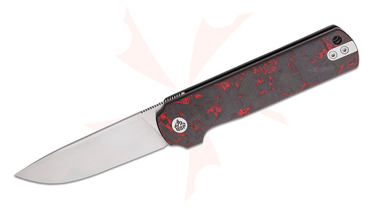 QSP Knives Lark Flipper Knife 3.15 inch 14C28N Satin Drop Point Blade, Black G10 Handles with Red Shred Carbon Fiber Overlay