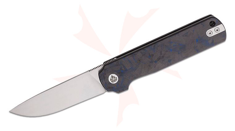 QSP Knives Lark Flipper Knife 3.15 inch 14C28N Satin Drop Point Blade, Black G10 Handles with Blue Shred Carbon Fiber Overlay