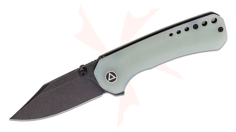 QSP Knives Kestrel Flipper Knife 2.88 inch 14C28N Black Stonewashed Clip Point Blade, Jade G10 Handles