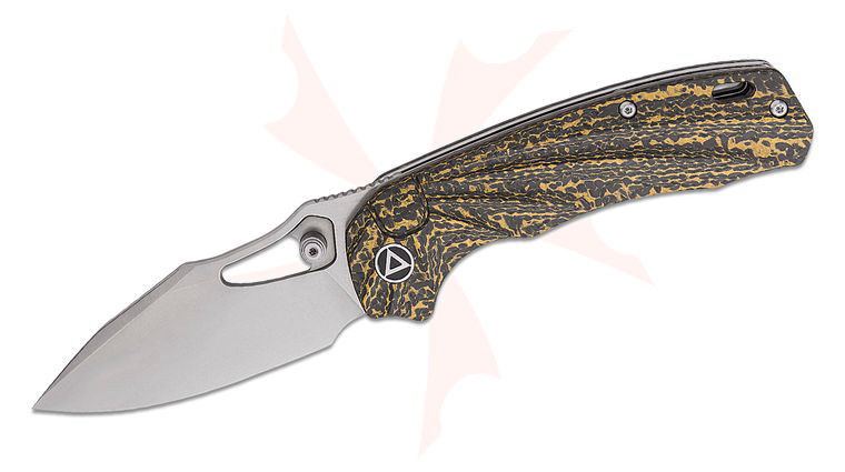 QSP Knives Hornbill Front Flipper Knife 3.25 inch S35VN Stonewashed Drop Point Blade, Golden Carbon Fiber Handles