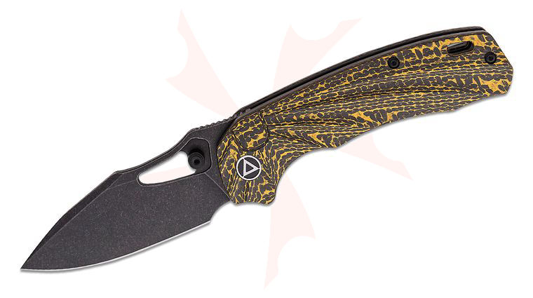 QSP Knives Hornbill Front Flipper Knife 3.25 inch S35VN Black Stonewashed Drop Point Blade, Golden Carbon Fiber Handles