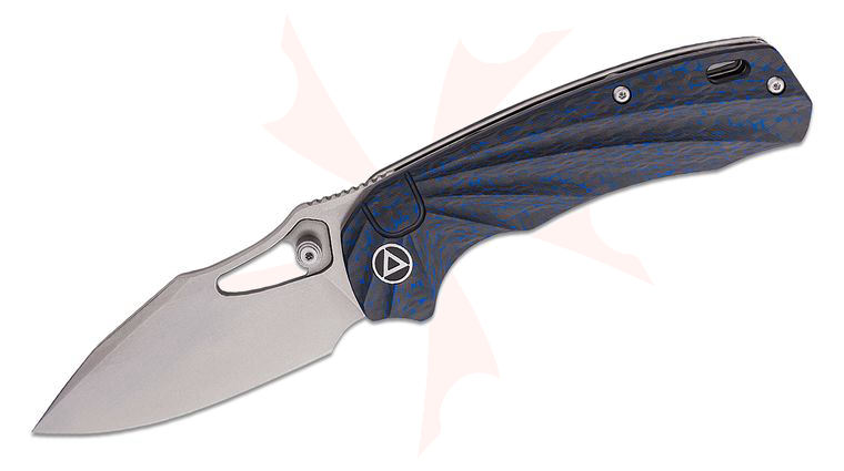 QSP Knives Hornbill Front Flipper Knife 3.25 inch S35VN Stonewashed Drop Point Blade, Blue Carbon Fiber Handles