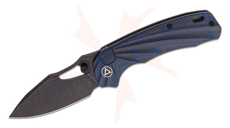 QSP Knives Hornbill Front Flipper Knife 3.25 inch S35VN Black Stonewashed Drop Point Blade, Blue Carbon Fiber Handles