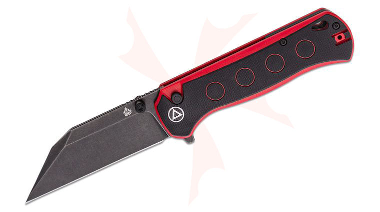QSP Knives Swordfish Flipper Knife 3.63 inch 14C28N Black Stonewashed Wharncliffe Blade, Black/Red G10 Handles