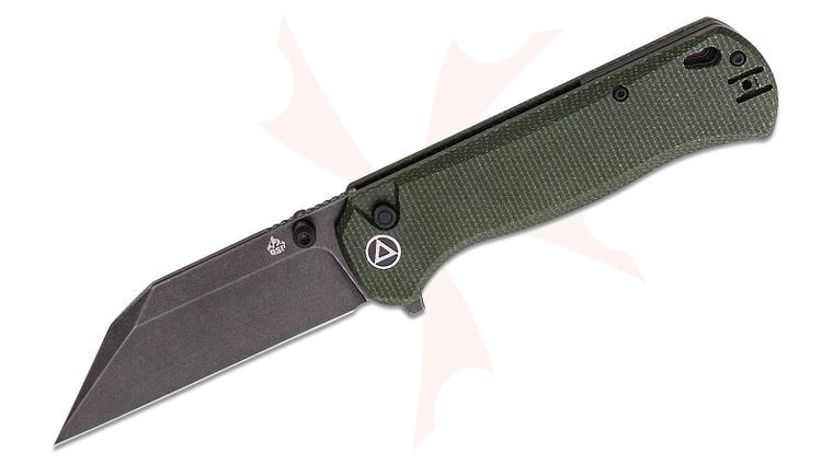 QSP Knives Swordfish Flipper Knife 3.63 inch 14C28N Black Stonewashed Wharncliffe Blade, Green Micarta Handles