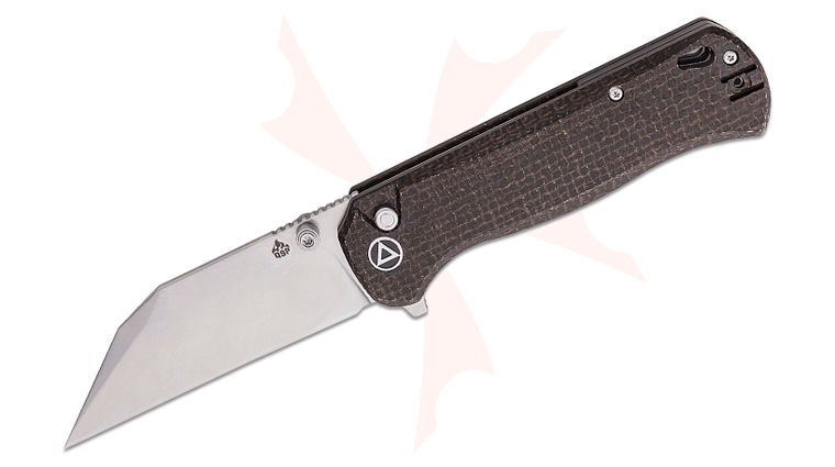 QSP Knives Swordfish Flipper Knife 3.63 inch 14C28N Stonewashed Wharncliffe Blade, Dark Brown Micarta Handles