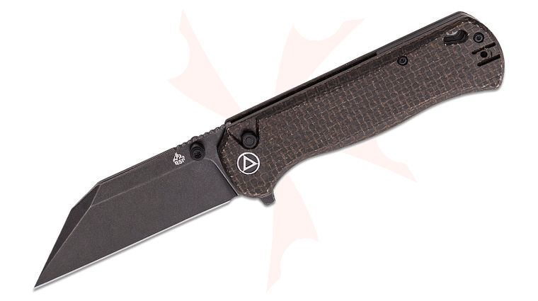 QSP Knives Swordfish Flipper Knife 3.63 inch 14C28N Black Stonewashed Wharncliffe Blade, Dark Brown Micarta Handles