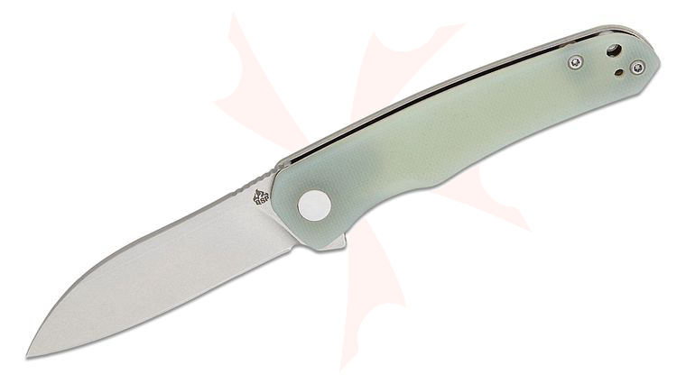 QSP Knives Otter Liner Lock Flipper Knife 2.70 inch 14C28N Stonewashed Modified Sheepsfoot Blade, Natural (Jade) G10 Handles