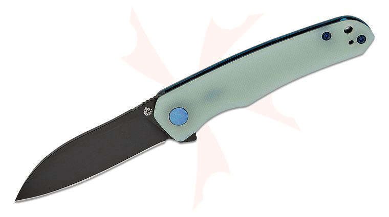 QSP Knives Otter Liner Lock Flipper Knife 2.70 inch 14C28N Black Modified Sheepsfoot Blade, Natural (Jade) G10 Handles