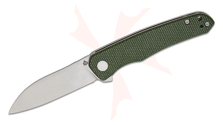 QSP Knives Otter Liner Lock Flipper Knife 2.70 inch 14C28N Stonewashed Modified Sheepsfoot Blade, Green Canvas Micarta Handles