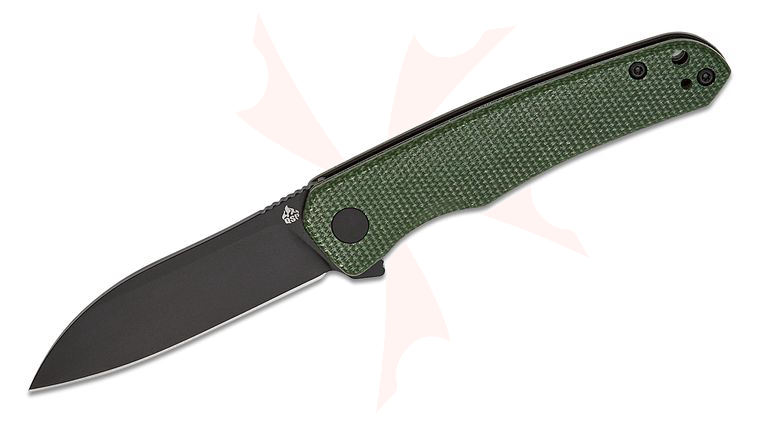 QSP Knives Otter Liner Lock Flipper Knife 2.70 inch 14C28N Black Modified Sheepsfoot Blade, Green Canvas Micarta Handles